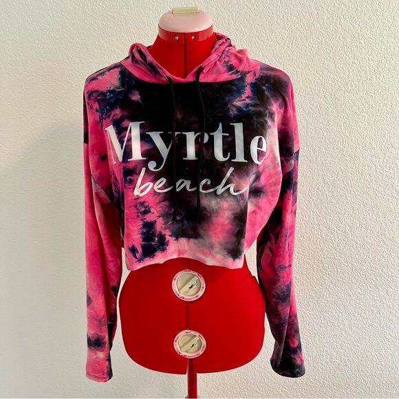 Myrtle Beach South Carolina Pink Purple Tie-Dye Hoodie Cropped Long Sleeve Large - Picture 1 of 9
